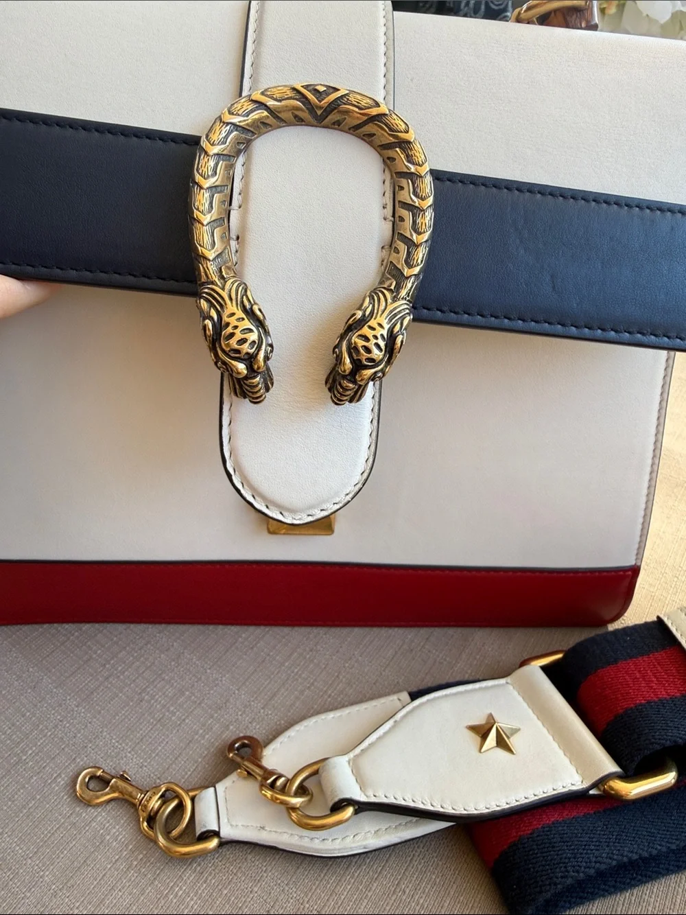 Gucci Bamboo-Handle Tricolor Top-Handle Bag - White, Navy & Red